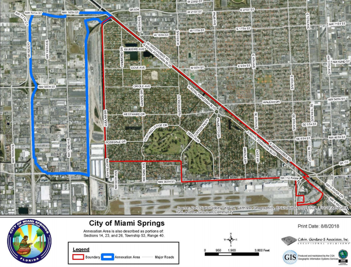 The city of Miami Springs, bordered by red, wants to annex the unincorporated area bordered in blue. The Florida East Coast Rail Yard is not included.