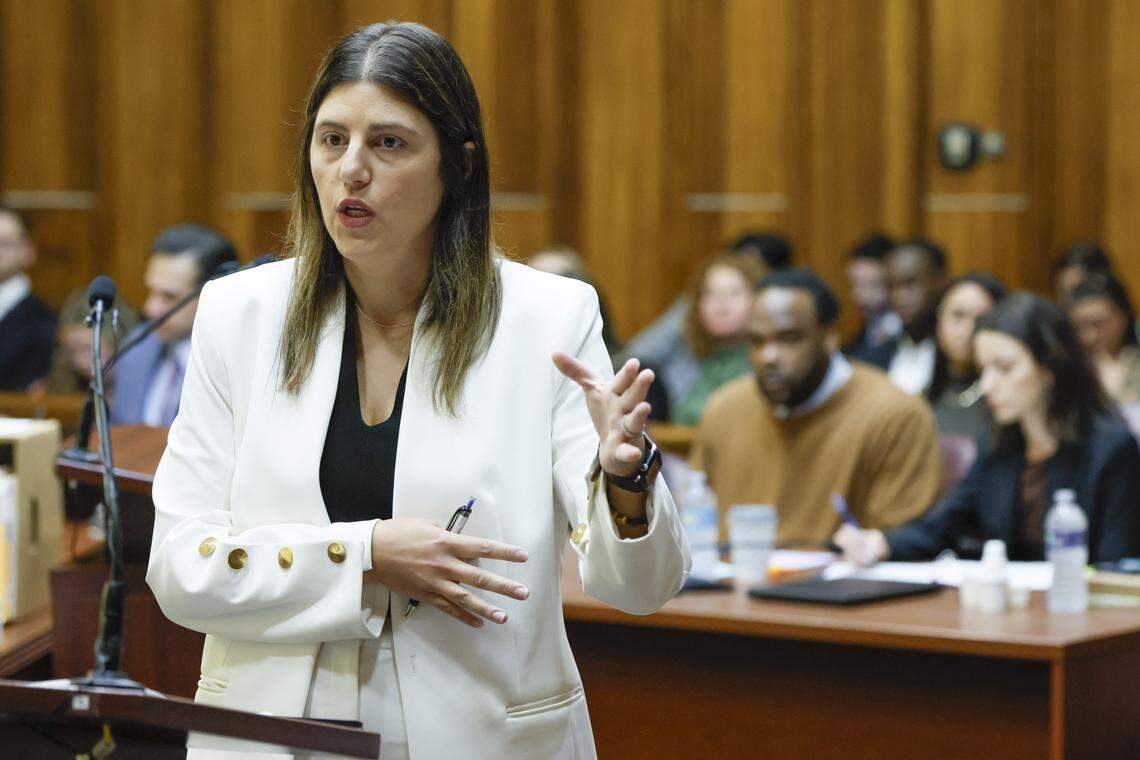 Assistant State Attorney Kristen Rodriguez delivers an opening statements during the trial of Rashaun Jones, who is accused of killing his University of Miami football teammate Bryan Pata in 2006. 