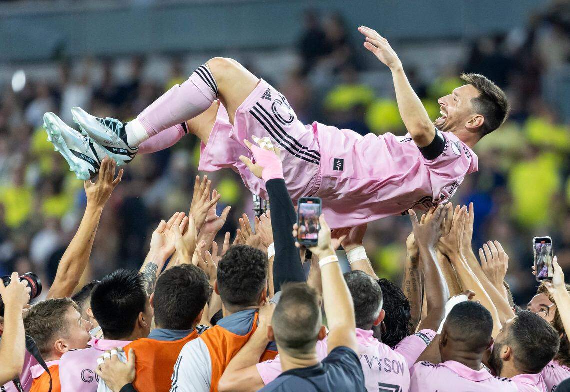 Inter Miami players lift Inter Miami forward Lionel Messi after they defeated Nashville SC. Messi’s goal in the first half led Miami to their first ever championship.