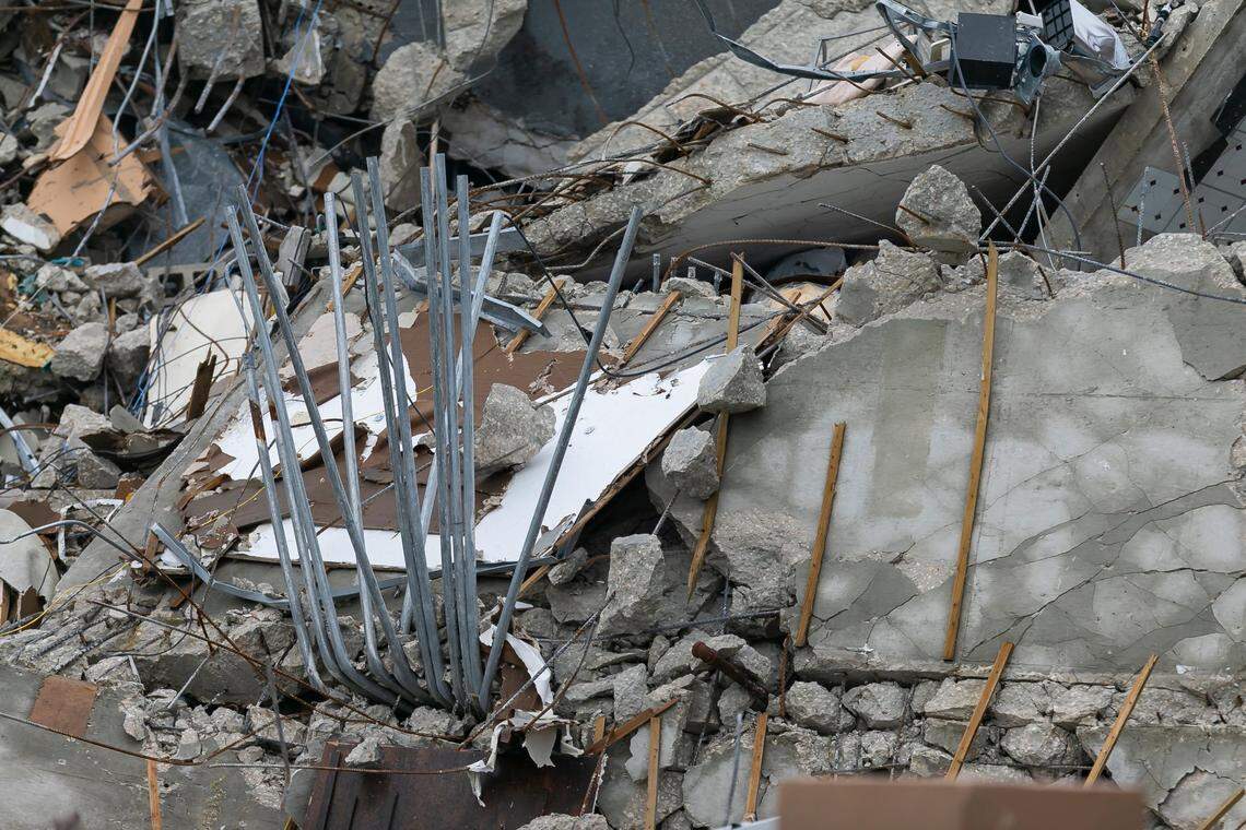 Rubble and debris of the Champlain Towers South condo can be seen in Surfside, Florida on Tuesday, July 6, 2021. The rubble shown here is from the front portion of the condo towers, which was demolished 11 days after the back part of the tower collapsed with people inside.