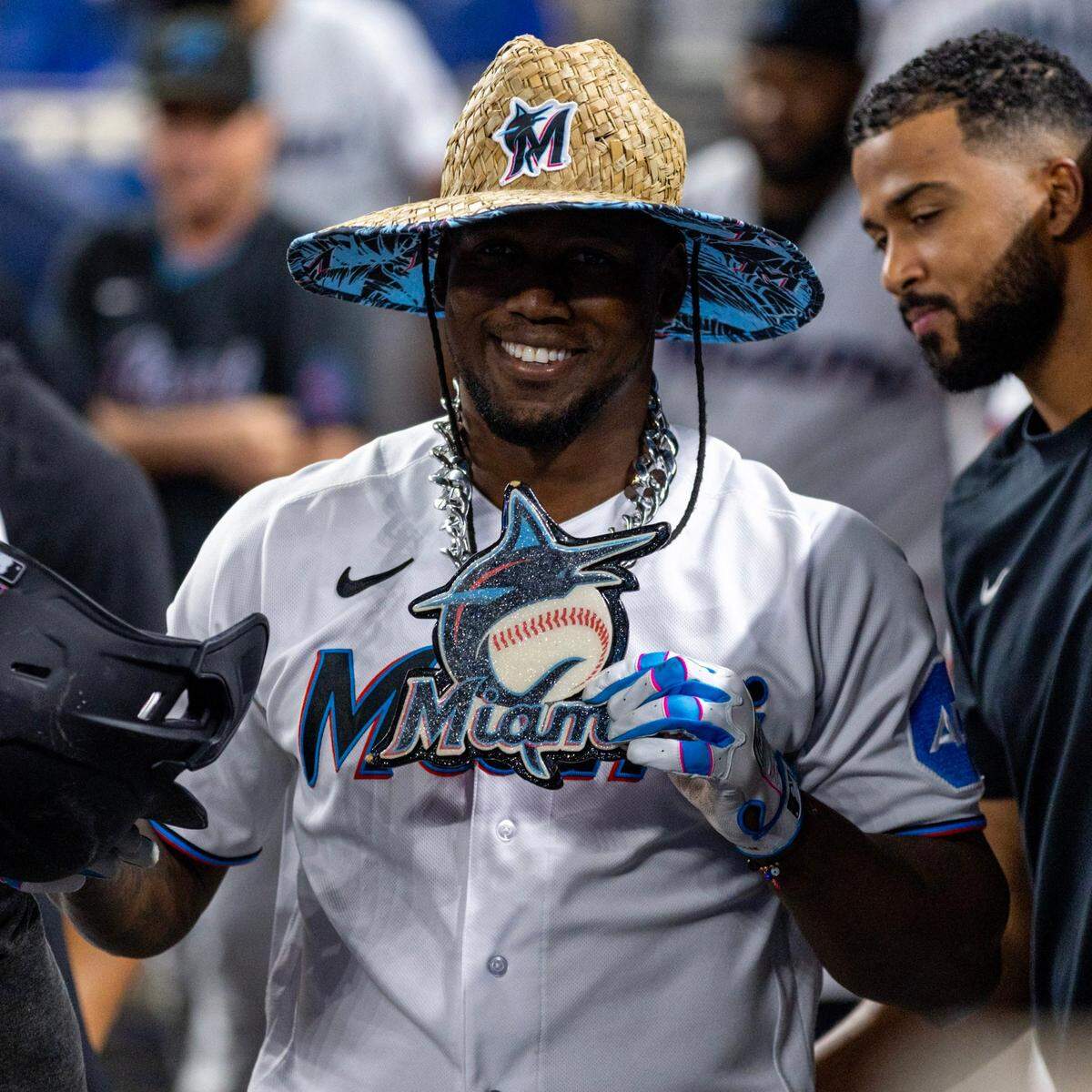 Miami Marlins base runner Jorge Soler (12) reacts after hitting a two run homerun during the third inning of an MLB game against the Houston Astros at loanDepot park in the Little Havana neighborhood of Miami, Florida, on Tuesday, August 15, 2023.