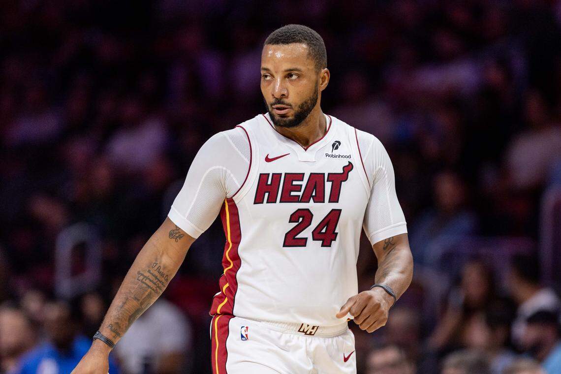 Miami Heat guard Norman Powell (24) looks during an NBA preseason game against the Milwaukee Bucks at Kaseya Center on October 6, 2025, in Miami.