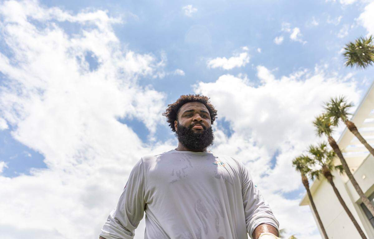 Miami Dolphins defensive line Christian Wilkins (94) is seen after speaking with reporters during team practice at the Baptist Health Training Complex on Tuesday, May 23, 2023, in Miami Gardens, Fla.