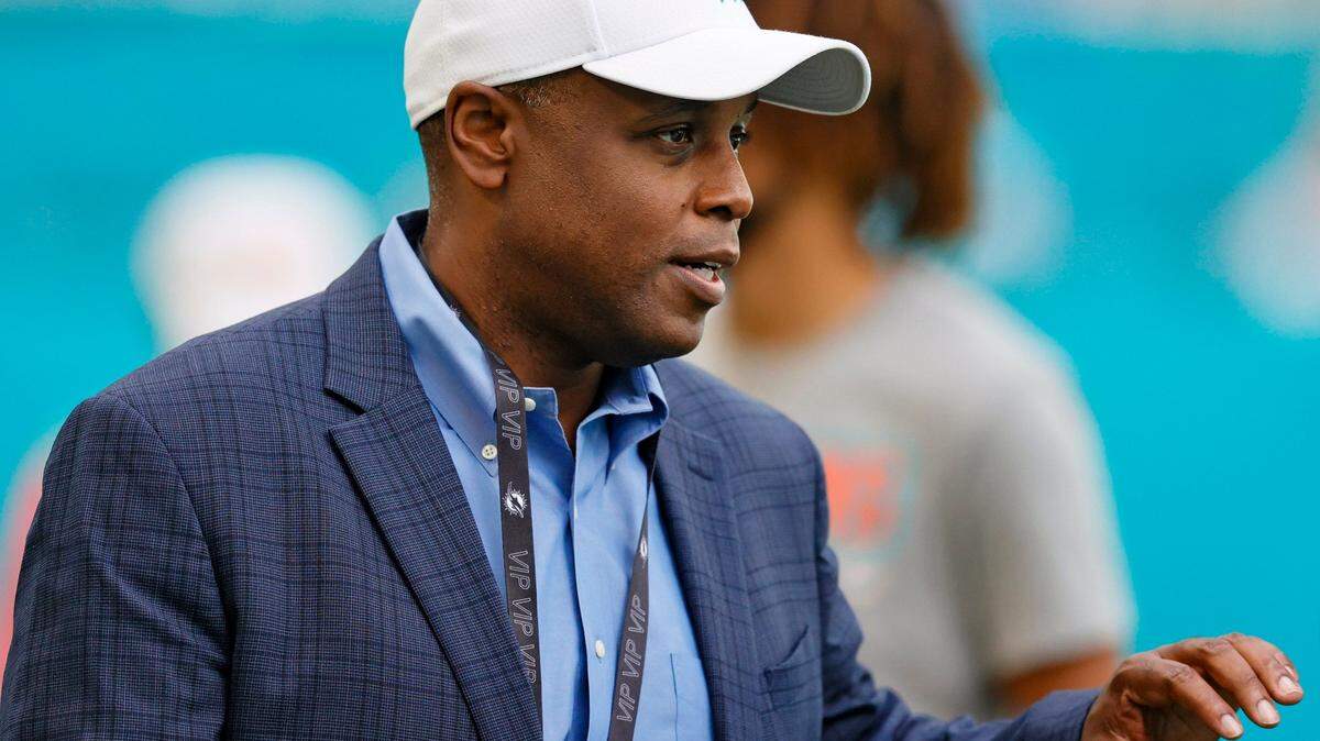 Miami Dolphins Miami general manager Chris Grier looks on before the start of an NFL football game against the New York Giants at Hard Rock Stadium on Sunday, December 5, 2021 in Miami Gardens, Florida.