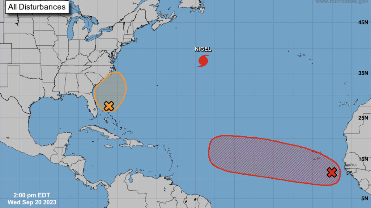 The weather systems in the Atlantic Ocean as of 5 p.m. Wednesday, Sept. 20, 2023.