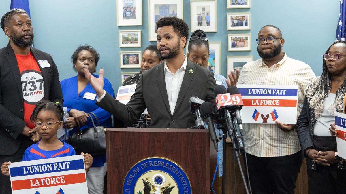 U.S. Representative Maxwell Alejandro Frost addresses the media in a press conference about the ongoing violence and unrest in Haiti that is deeply impacting Haitian families in Central Florida. Orlando, Fla., Tuesday, March 26, 2024. Frost also held a roundtable of local stakeholders and service providers in Orlando. (Willie J. Allen Jr./Orlando Sentinel)