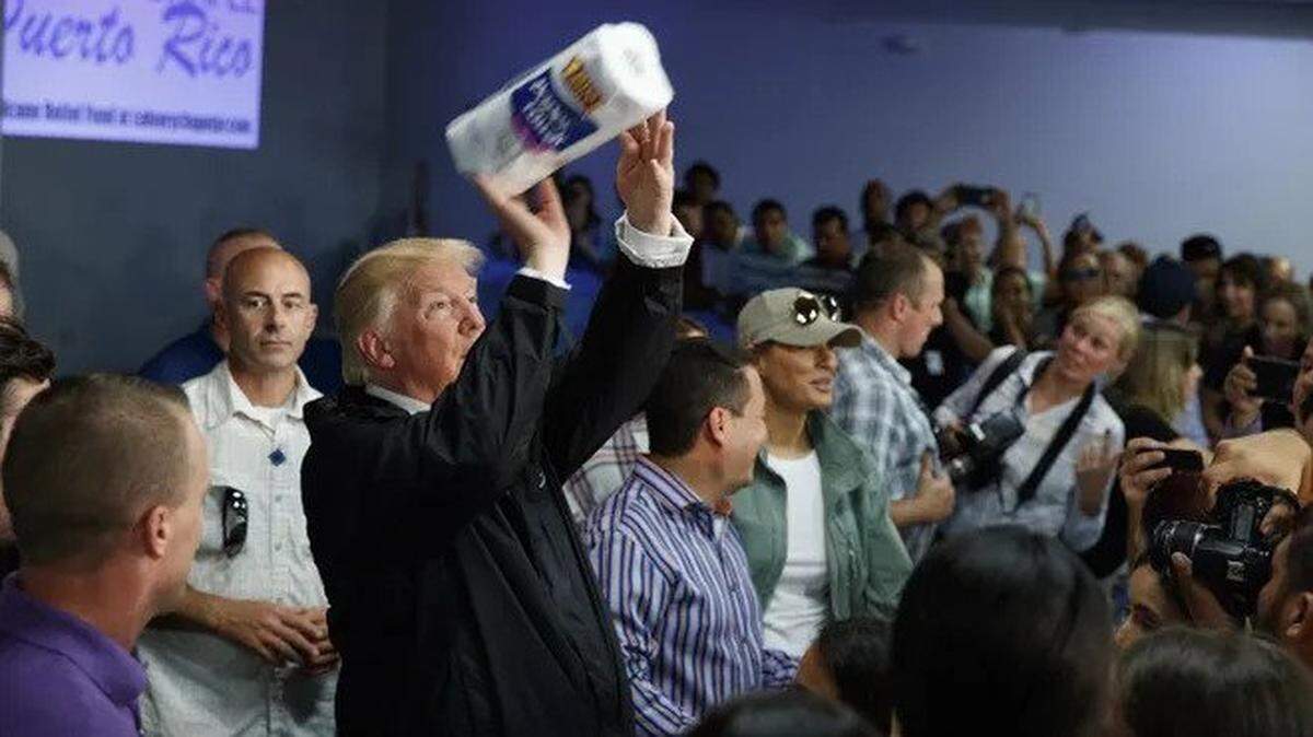 In 2017, President Trump went to Puerto Rico after Hurricane Maria devastated much of the island. He tossed paper towels into the crowd while helping hand out supplies.