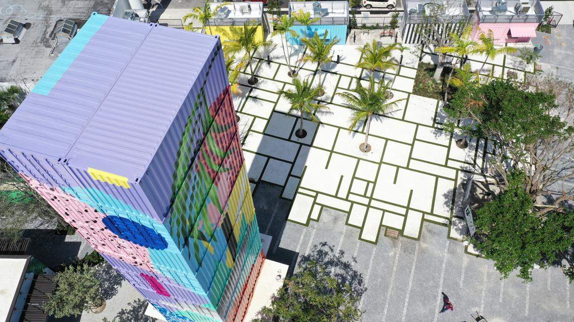 The Tower Bar and restaurants at The Oasis in Wynwood; the restaurants are in shipping containers.