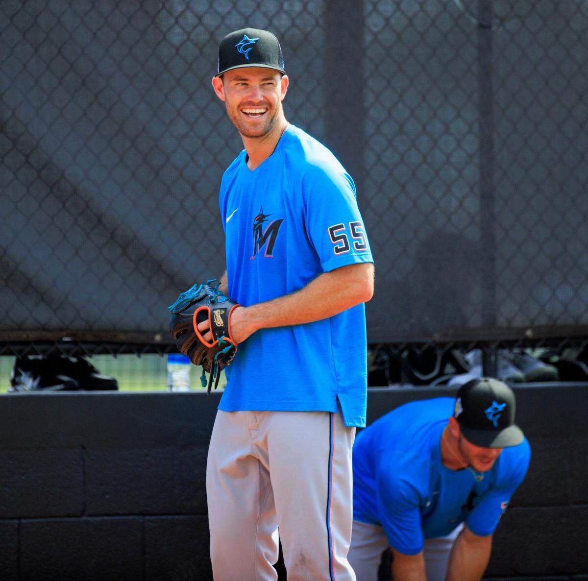Miami Marlins pitcher Anthony Bender runs drills during their spring training workout at Roger Dean Stadium on Thursday, March 17, 2022 in Jupiter, FL.