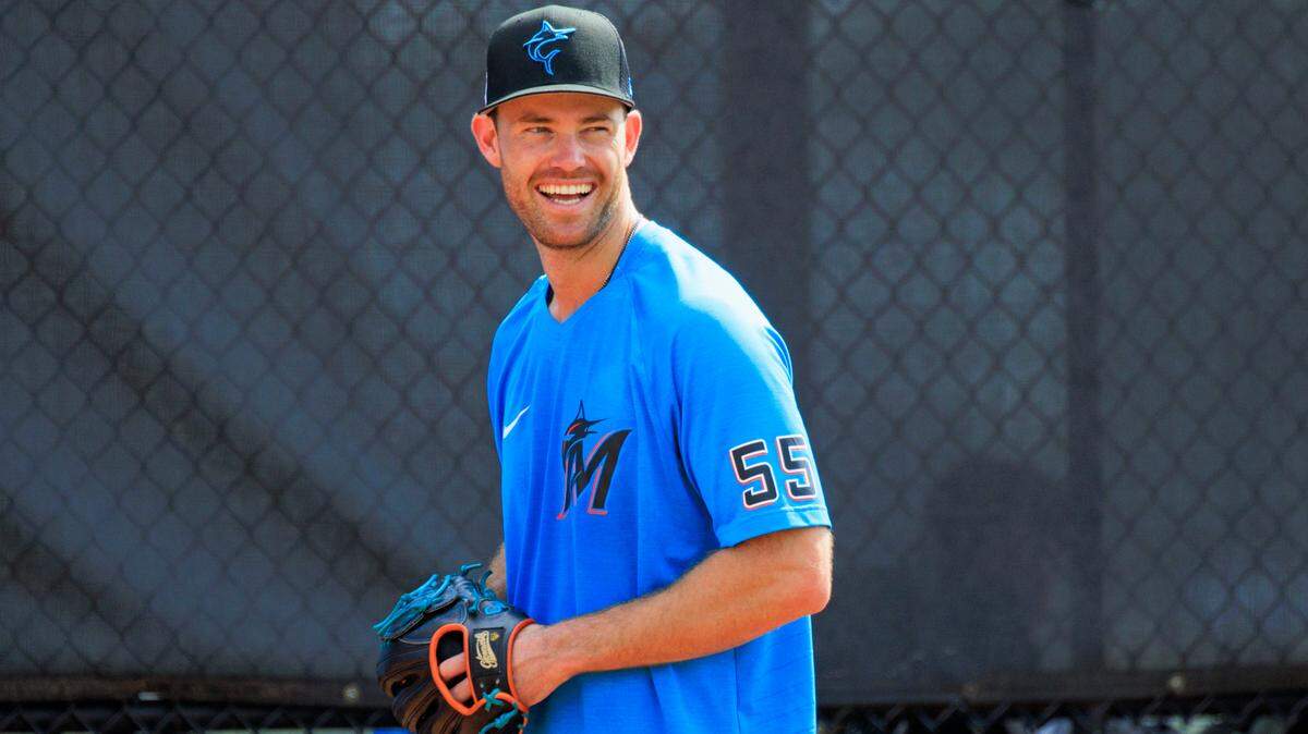 Miami Marlins pitcher Anthony Bender runs drills during their spring training workout at Roger Dean Stadium on Thursday, March 17, 2022 in Jupiter, FL.