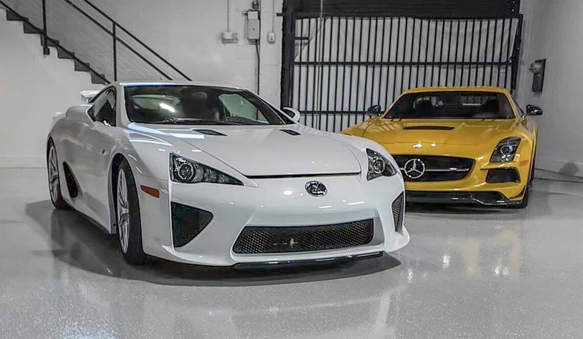 A 2012 Lexus LFA Whitest White, one of about 500 made,  on display at the MCQ Markets luxury cars collection in Wynwood in Miami, Florida. 
