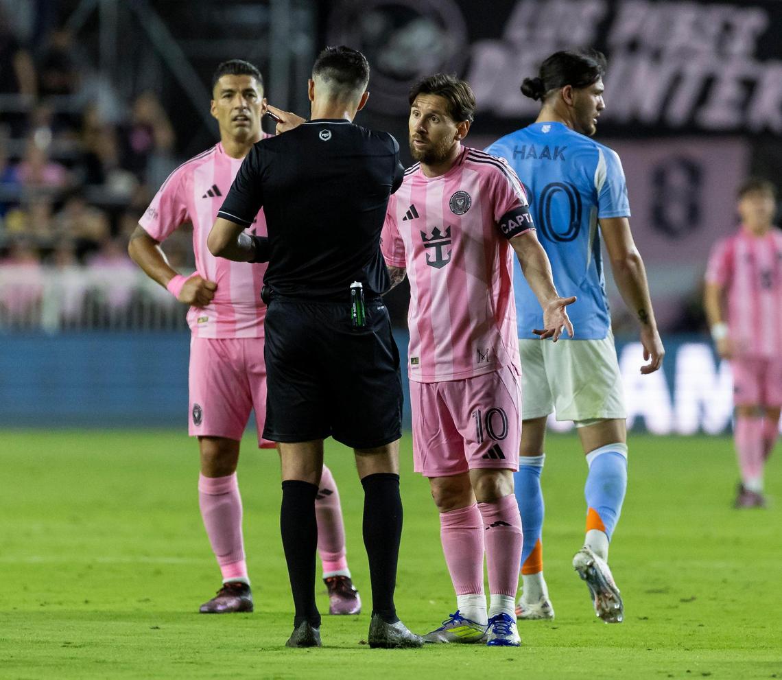 Inter Miami forward Lionel Messi (10) argues with the referee after a play in the first half of his MLS match against New York City FC at Chase Stadium on Saturday, Feb. 22, 2025, in Fort Lauderdale, Fla.