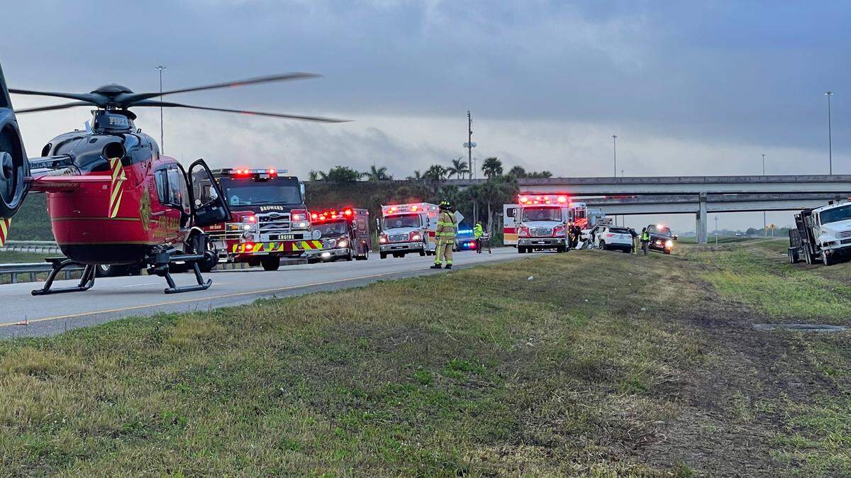 BSO Fire Rescue trucks and Air Rescue helicopter at Tuesday morning’s crash on I-75 at U.S. 27.