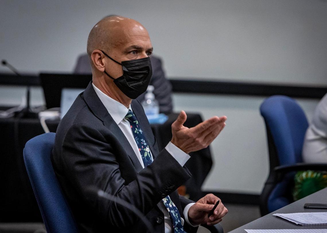 Michael Gaal answers questions from members of the Broward County School Board during a meeting to pick the next superintendent on Feb. 9, 2022.