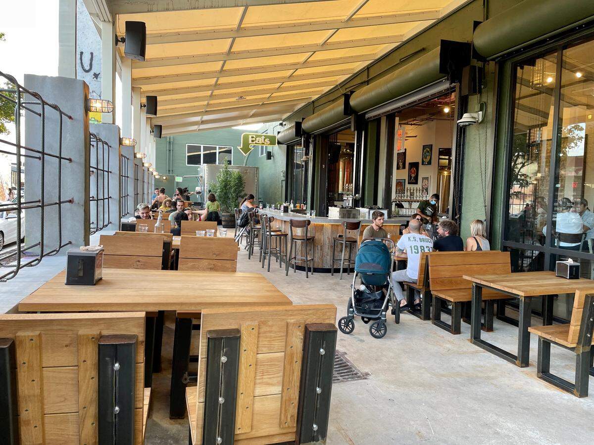 The outdoor taproom at Dogfish Head Miami in Wynwood