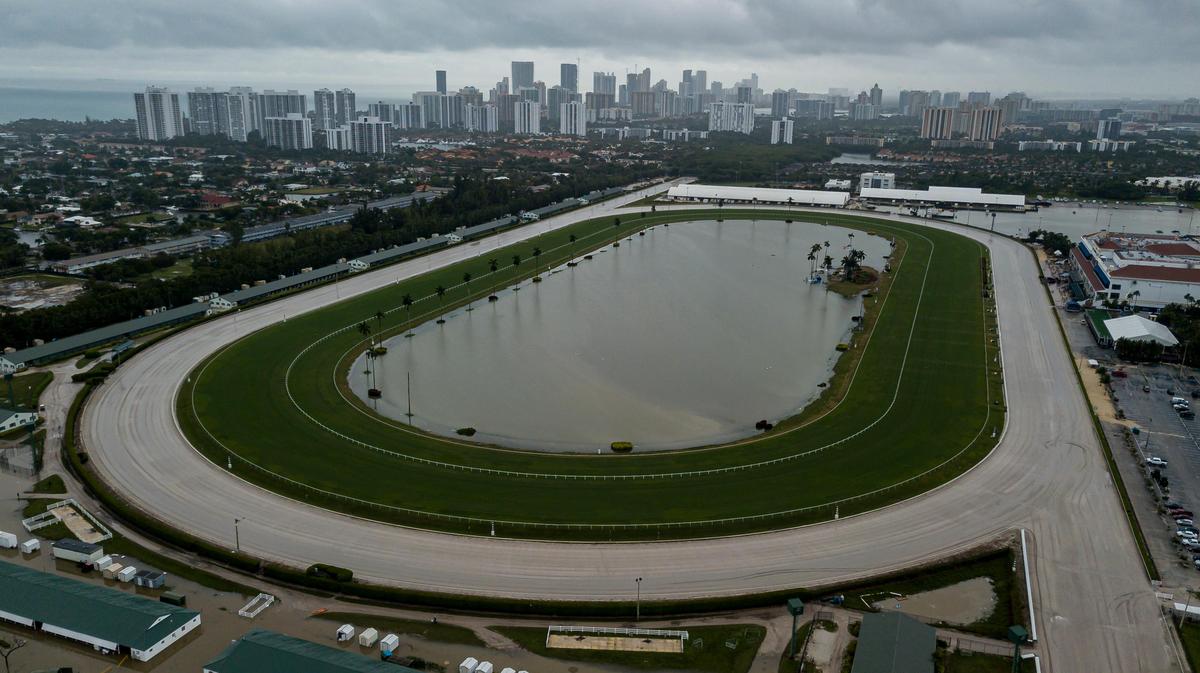Floodwaters around Gulfstream Park Racing and Casino in Hallandale Beach, Florida, on Monday, December 23, 2019. Heavy rain flooded the area Sunday night and into Monday morning.