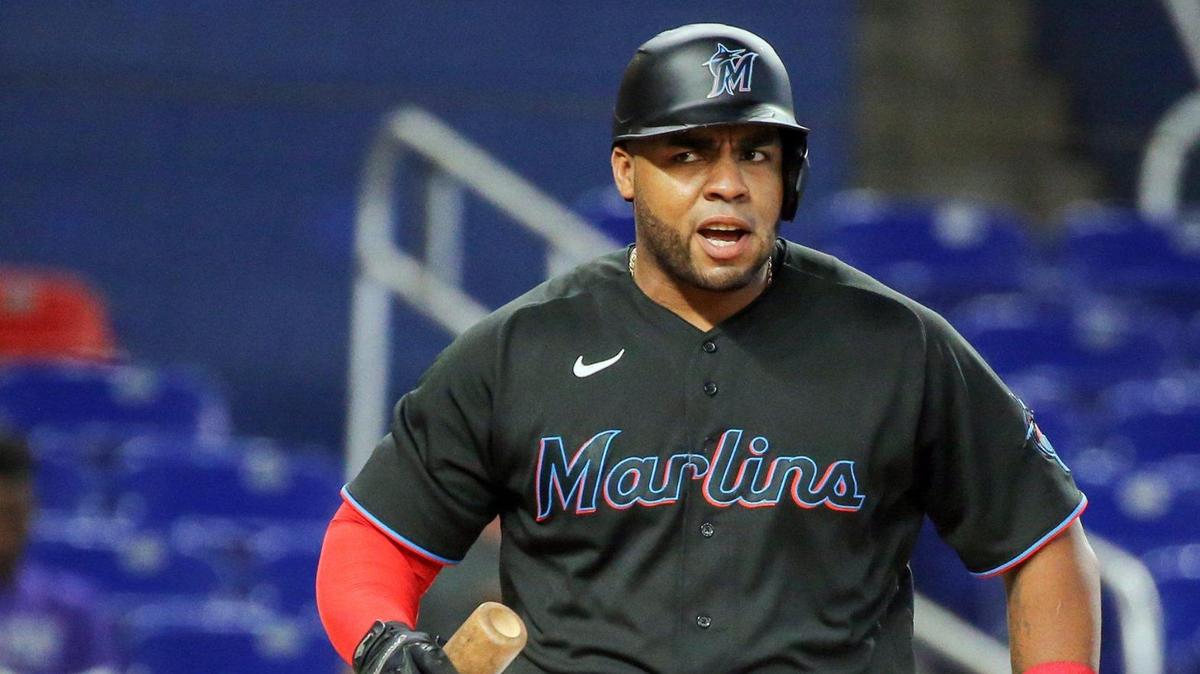 Miami Marlins first baseman Jesus Aguilar (99) reacts to getting a strike against the Atlanta Braves at loanDepot Park in Miami on Saturday, August 13, 2022.