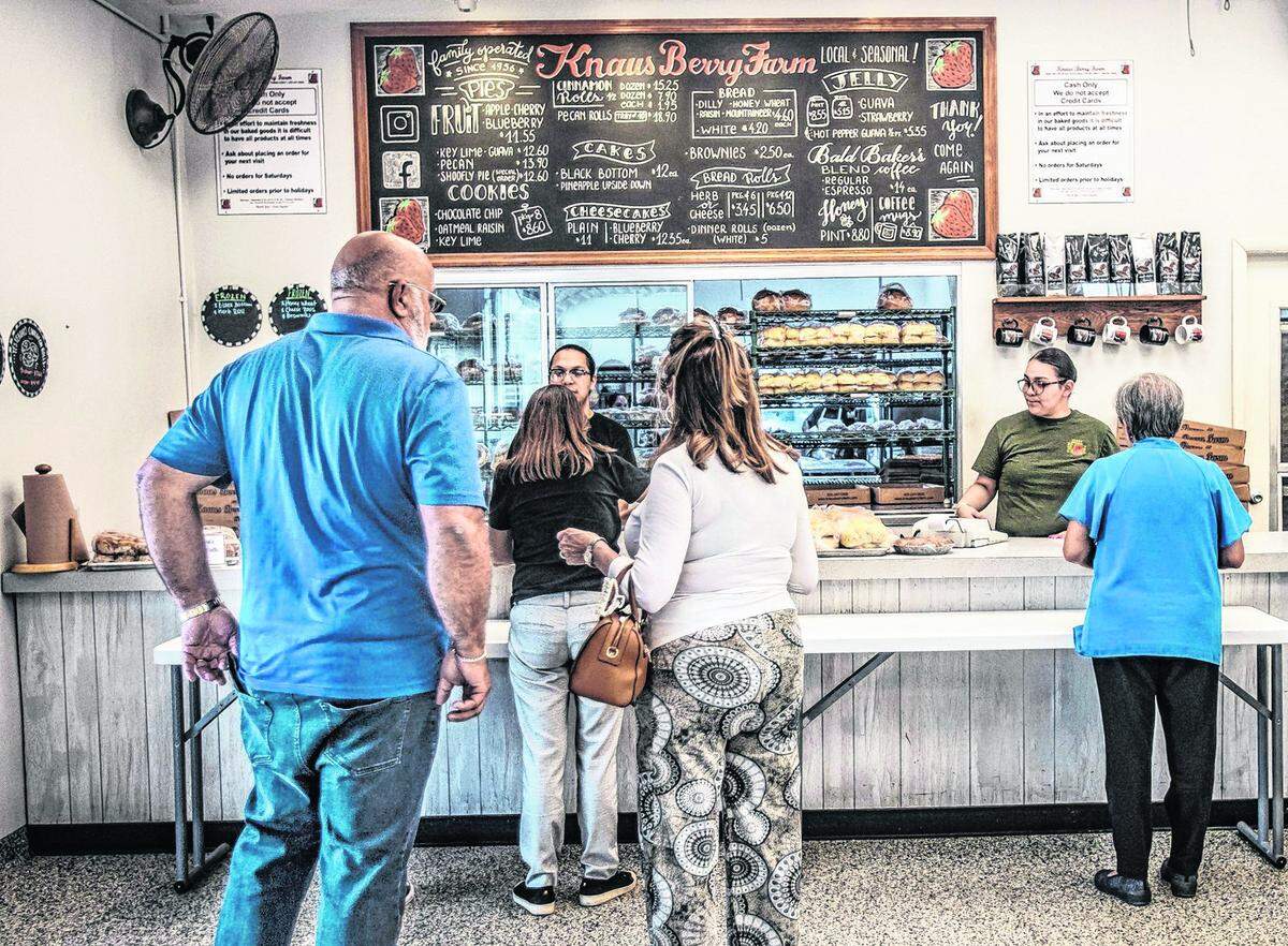 Customers line up for cinnamon rolls, bread, jams and pies and other homemade goodies at Knaus Berry Farm in South Miami-Dade.