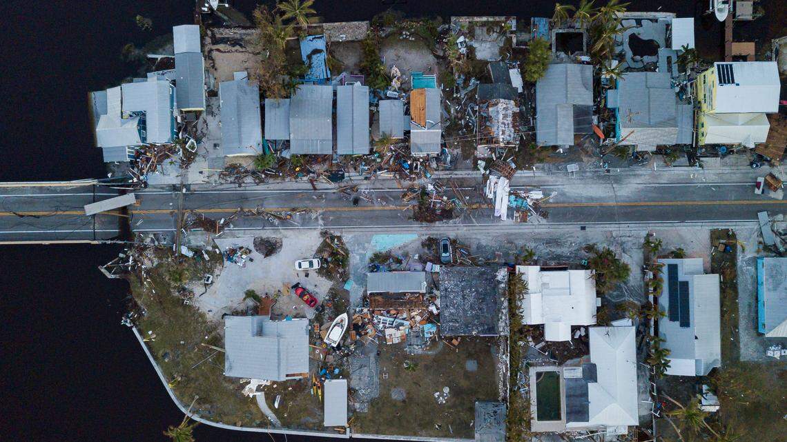 Aerial footage shows a boat dock serves as a makeshift bridge on Saturday, Oct. 1, 2022, in Matlacha, Fla. Hurricane Ian washed away part of a bridge in Matlacha, Fla., making the road to Pine Island impassable.