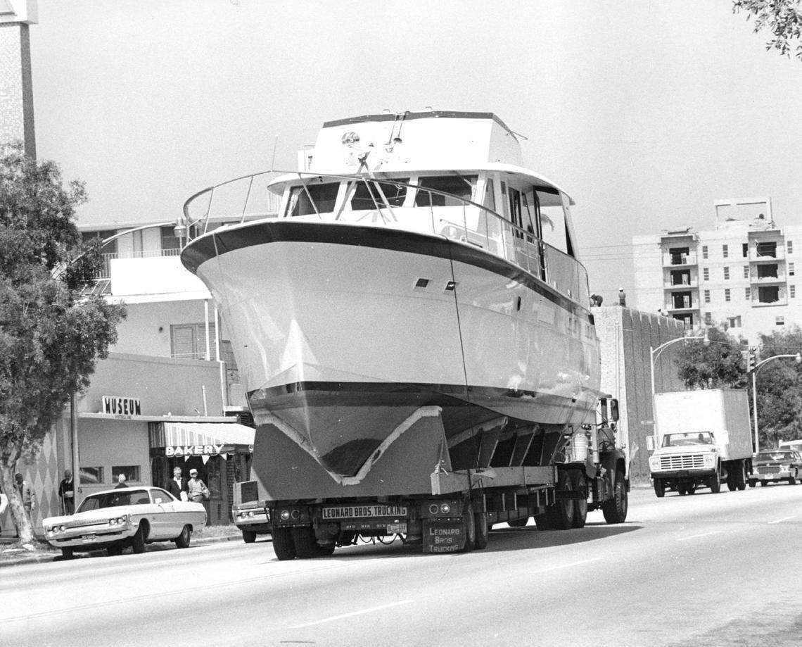 This Hatteras 58-foot yacht arrived in Miami for the opening of the Miami International Boat Show in 1974. The 63,000-pound vessel sleeps 10, has three heads with showers, color TV, icemaker and stereo. Price is $209,380.