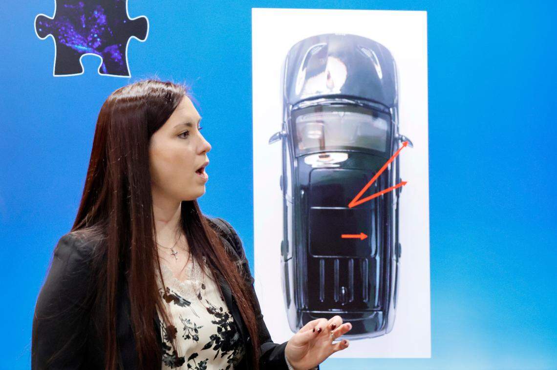 Asst. State Attorney Kristine Bradley stands in front of a diagram of the trajectory of bullets into the car as she gives her closing argument in the trial of Jamell Demons, better known as rapper YNW Melly, at the Broward County Courthouse in Fort Lauderdale on Wednesday, July 20, 2023. Demons, 22, is accused of killing two fellow rappers and conspiring to make it look like a drive-by shooting in October 2018. (Amy Beth Bennett / South Florida Sun Sentinel)