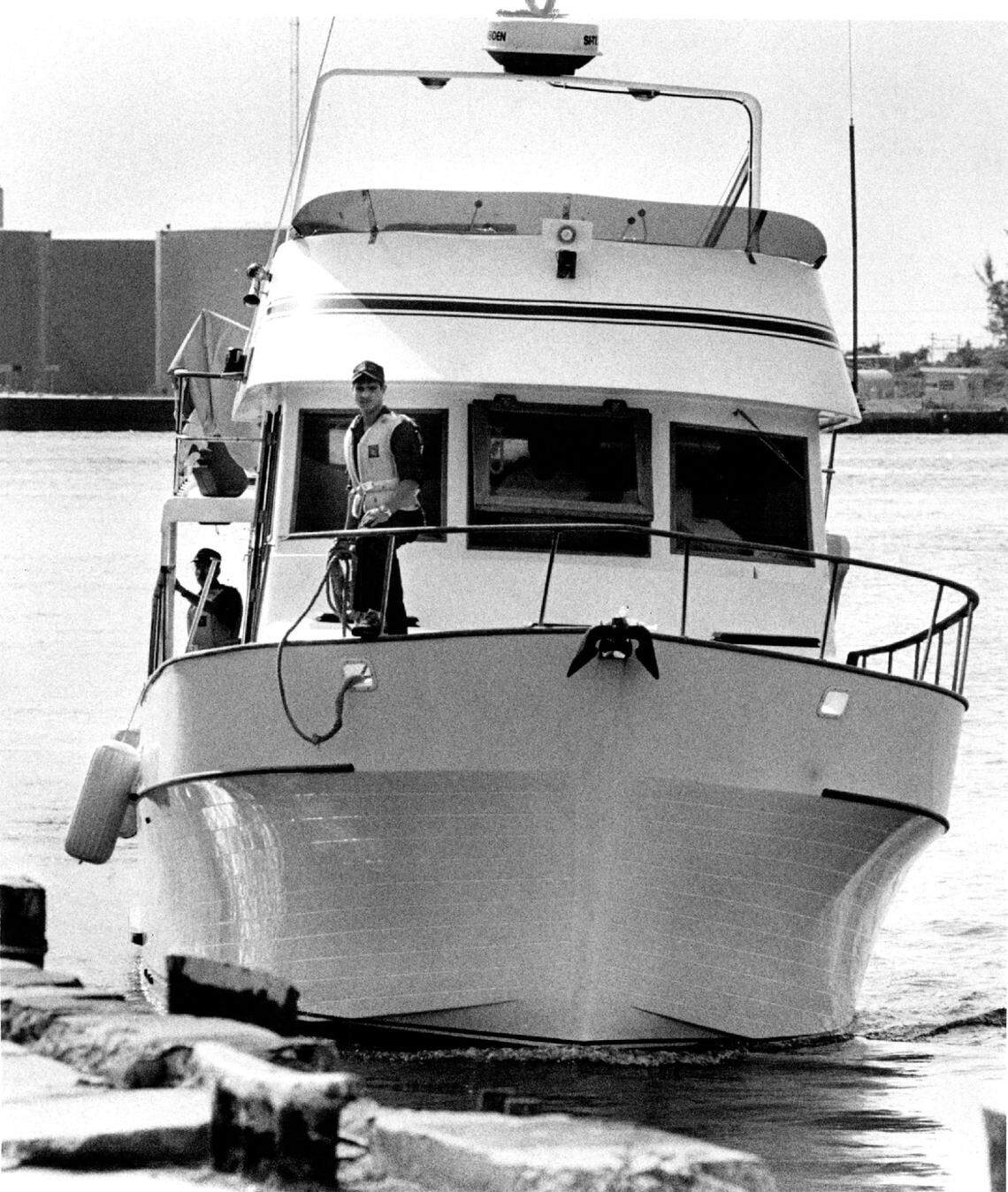 Yacht Libra arrives at the Coast Guard base on Miami Beach. The yacht was stolen from the Miami Boat Show in 1982.