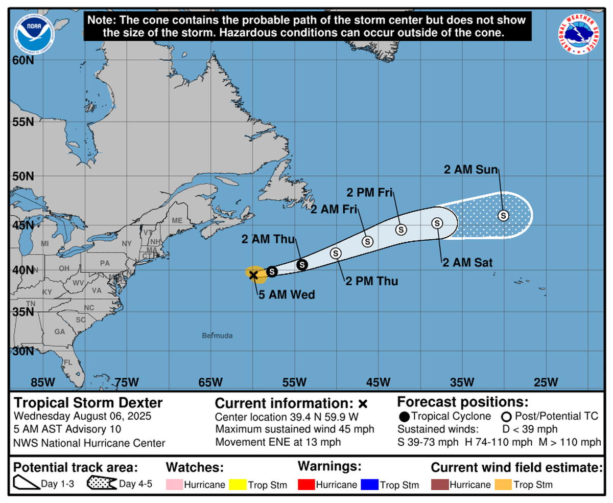 Tropical Storm Dexter is on a path that keeps it far from land.
