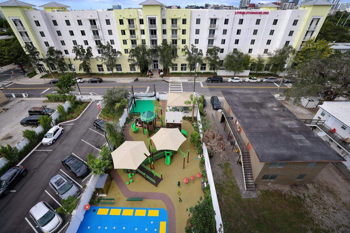 Newly built playground is one of the many amenities of the newly built 70,000 square foot Lotus House Children's Village, where 14 nonprofits focus on the education, health, and therapeutic needs of children of Lotus House clients and members of the surrounding community on Thursday, November 13, 2025, in Miami, Florida.