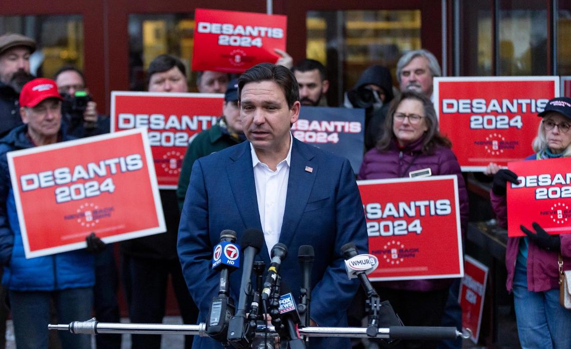 Florida Governor Ron DeSantis speaks during a press conference outside of the Thomas F. Sullivan Ice Arena on Friday, Jan. 19, 2024, in Manchester, New Hampshire.