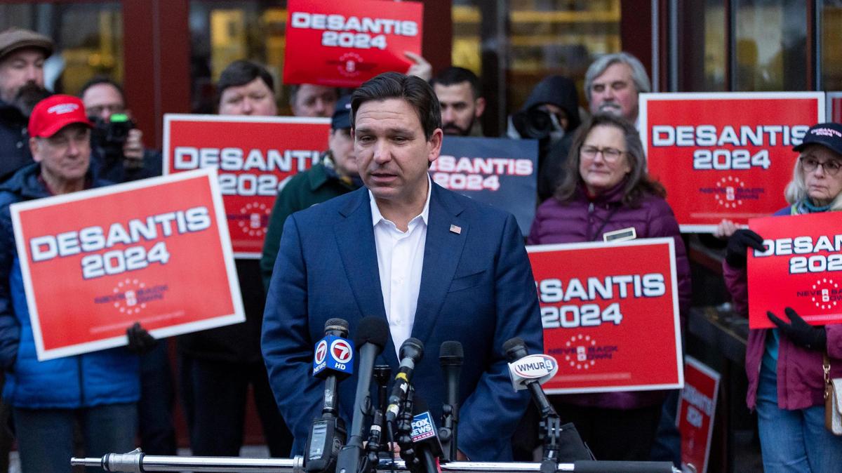 Florida Governor Ron DeSantis speaks during a press conference outside of the Thomas F. Sullivan Ice Arena on Friday, Jan. 19, 2024, in Manchester, New Hampshire.