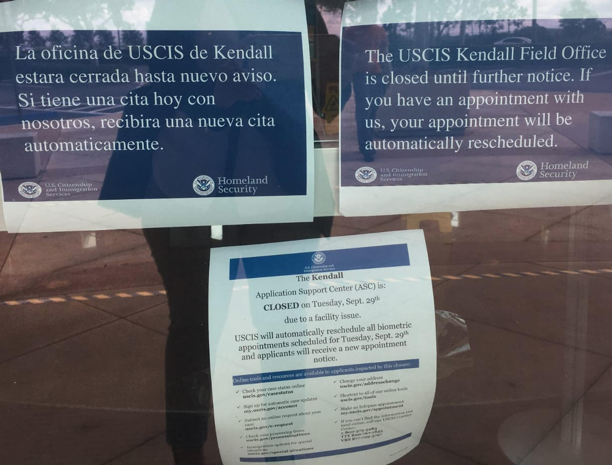 A USCIS facility in Kendall abruptly shut down on Tuesday without notice. Immigrants were greeted with a sign on the door that said the office was closed due to a “facility issue.”