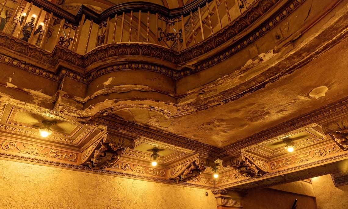 View of damage seen at the lobby’s balcony inside the Olympia Theater during a meeting on Wednesday, July 16, 2025.