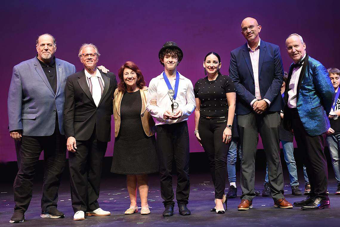 YTBD finals judges David Arisco and Howard Cohen; Actors’ Playhouse Executive Producing Director Barbara Stein; YTBD 2025 Individual Dance and Overall Grand Prize winner Tamerlan Guliyev; YTBD finals judge Giselle Deyá; The Children’s Trust Communications Manager Felix Beccera and Actors’ Playhouse Theatre for Young Audiences Director Earl Maulding.