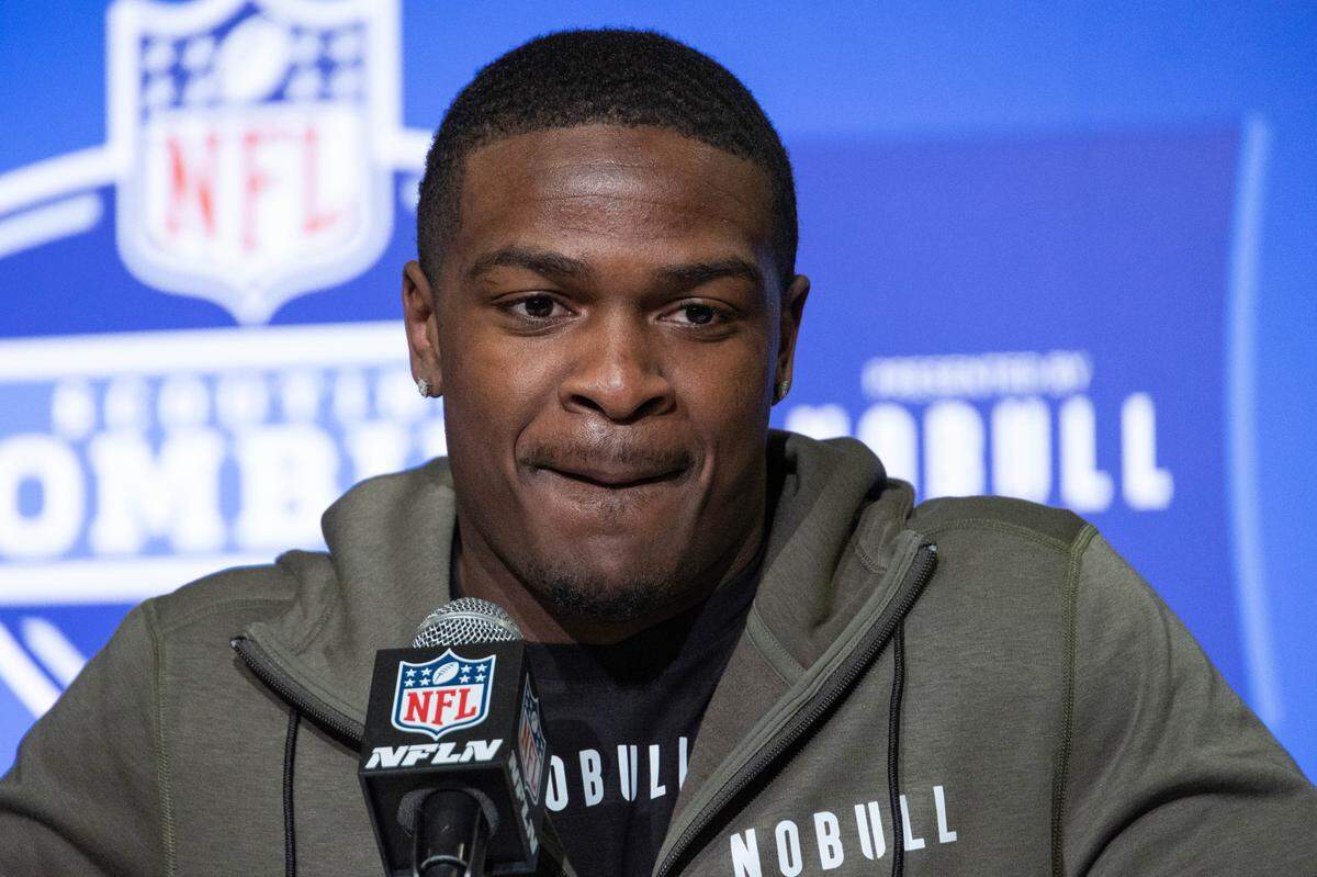 Mar 4, 2023; Indianapolis, IN, USA; Texas A&M running back Devon Achane (RB02) speaks to the press at the NFL Combine at Lucas Oil Stadium. Mandatory Credit: Trevor Ruszkowski-USA TODAY Sports