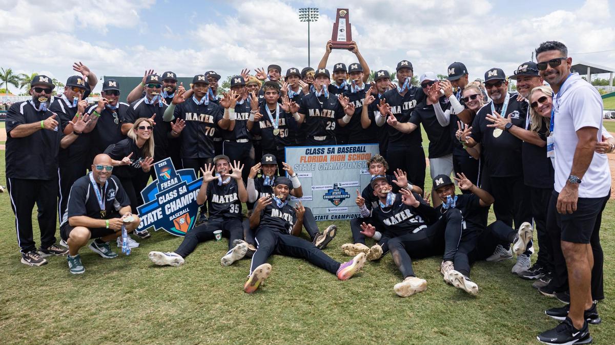 Mater Academy Charter Lions gather for a photo after defeating the Wesley Chapel Wildcats in their Class 5A state baseball championship game at Hammond Stadium on Saturday, May 17, 2025, in Fort Myers, Fla.