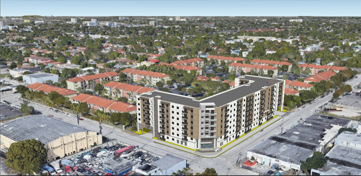 Allapattah’s new 7-story apartment project will have several amenities, including a gym, storage facility and clubhouse. Above: A rendering of the new development.