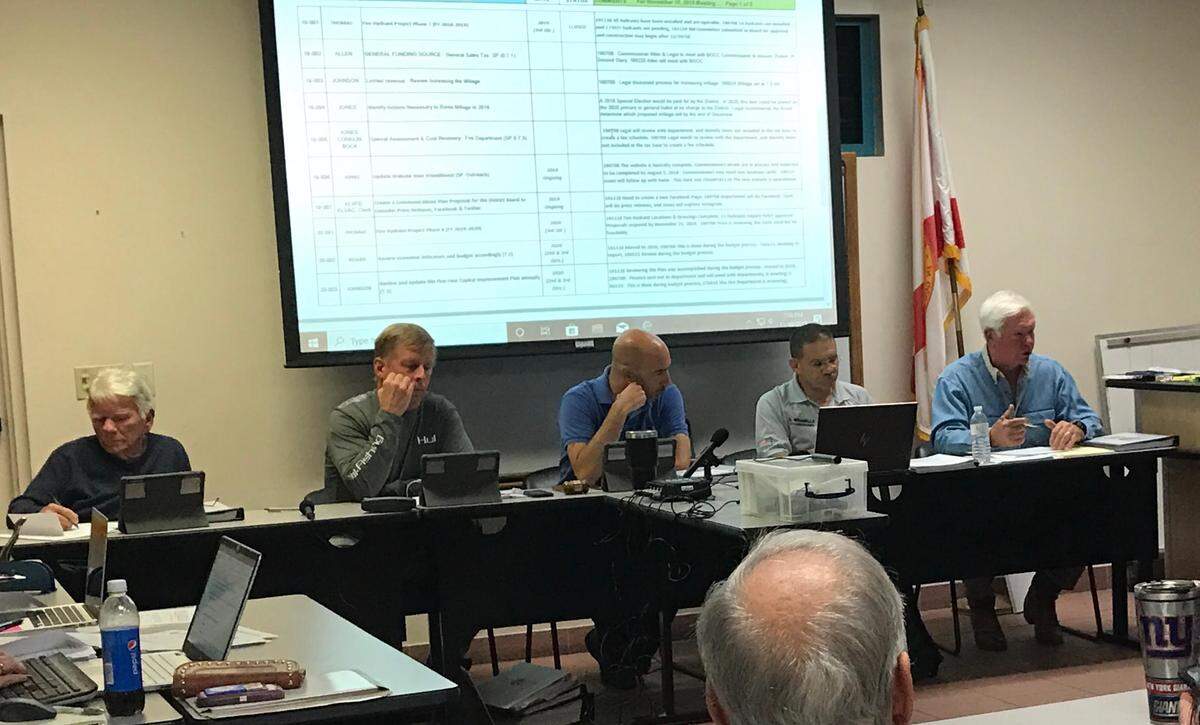 Key Largo Fire and Emergency Medical Services District commissioners listen to the Key Largo Fire Department chief speak during a meeting Monday, Nov. 18, 2018, in Key Largo. Pictured are commissioners Danny Powers, Frank Conklin, Tony Allen, George Mirabella and Bob Thomas.
