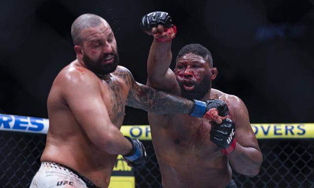 Curtis Blaydes of the United States and Josh Hokit of the United States fight in their heavyweight bout at UFC 327 at the Kaseya Center on Saturday, April 11, 2026, in downtown Miami, Fla.