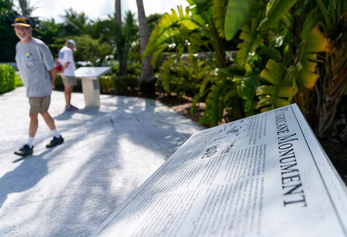 Tours visit the 1935 Hurricane Memorial in Islamorada, Florida on Monday, October 11, 2021. The memorial is located off the Overseas Highway’s mile marker 81.5 and is dedicated to the memory of the civilians and war veterans whose lives were lost in the hurricane of September 2, 1935.