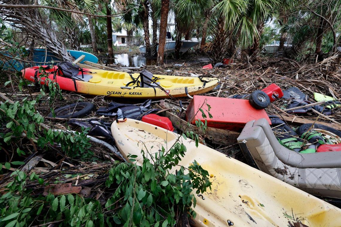 Debris scattered in a Charlotte County neighborhood caused by Hurricane Milton in Sarasota, Florida on Thursday, October 10, 2024.