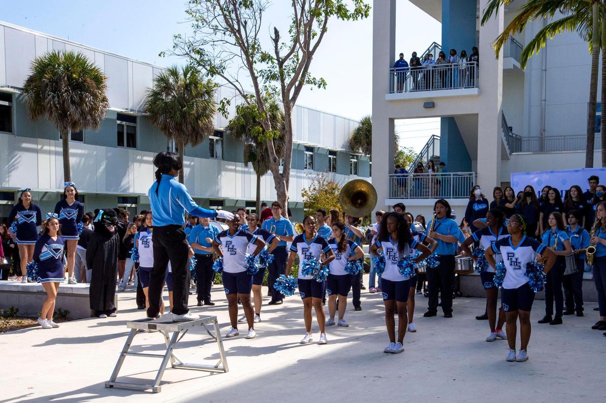 Palmetto band members, cheerleaders, and the Chatonettes perform during a lunch pep rally to honor alumnus Ketanji Brown Jackson after her confirmation as Supreme Court Justice, at Miami Palmetto High School in Miami on Friday, April 8, 2022.