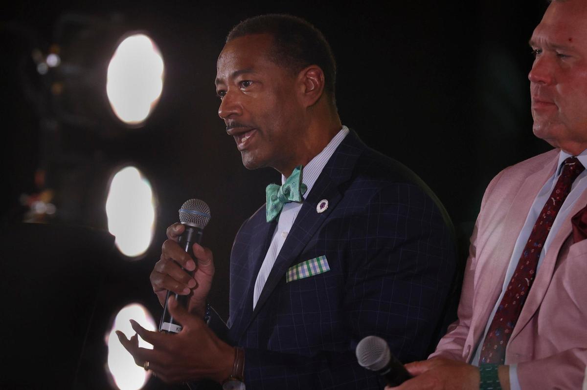 Jaffus Hardrick, president of Florida Memorial University, speaks during a luncheon hosted by the Greater Miami Chamber of Commerce to talk with leaders in higher education about adjusting to a post-pandemic world on Wednesday, April 5, 2023, at the Jungle Island Bloom Ballroom.