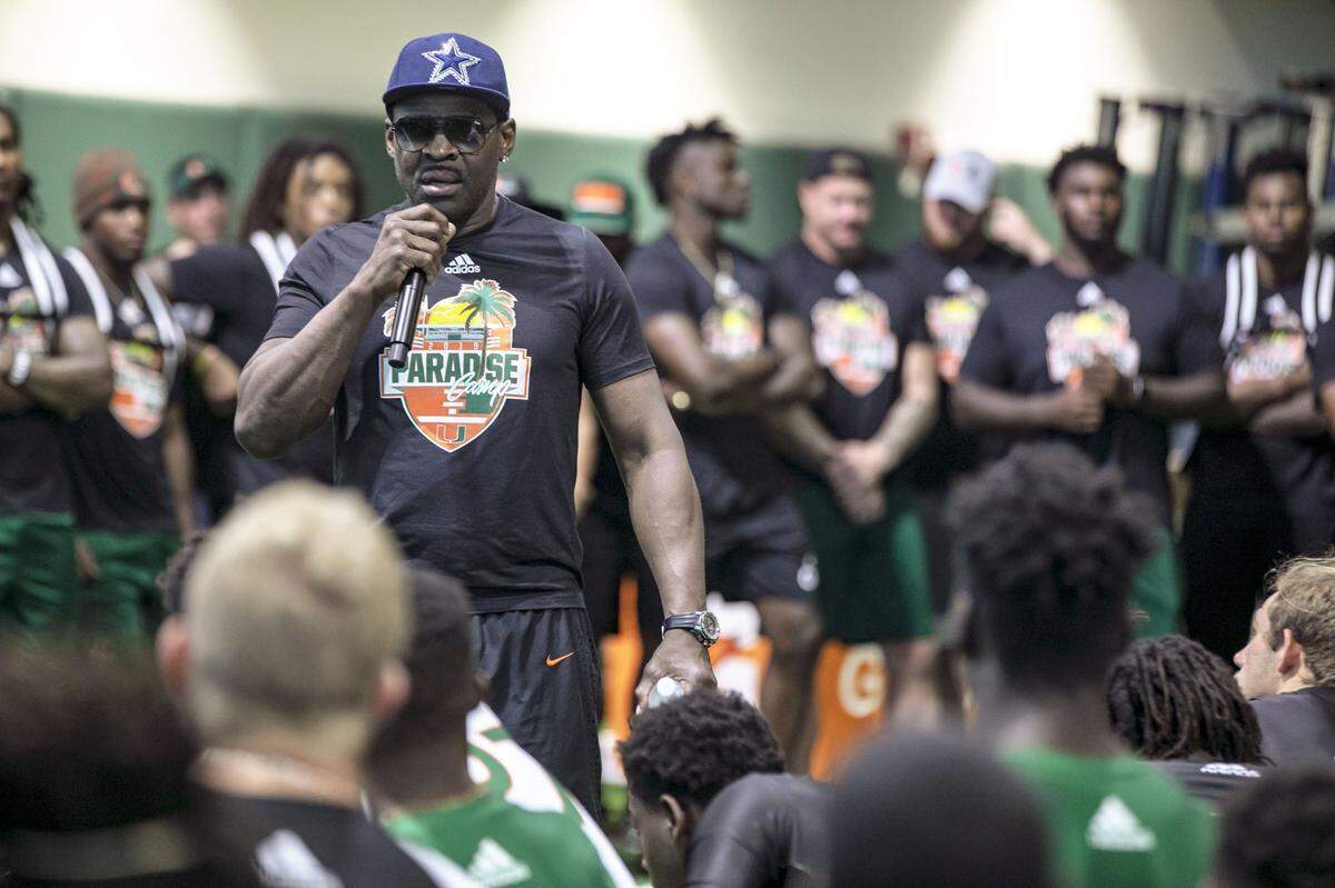 Former Miami Hurricanes wide receiver Michael Irvin (1985-1987) speaks to top recruiting targets for UM during the annual Paradise Camp at the Carol Soffer Indoor Practice Facility in Coral Gables, Florida on Sunday, June 22, 2019.