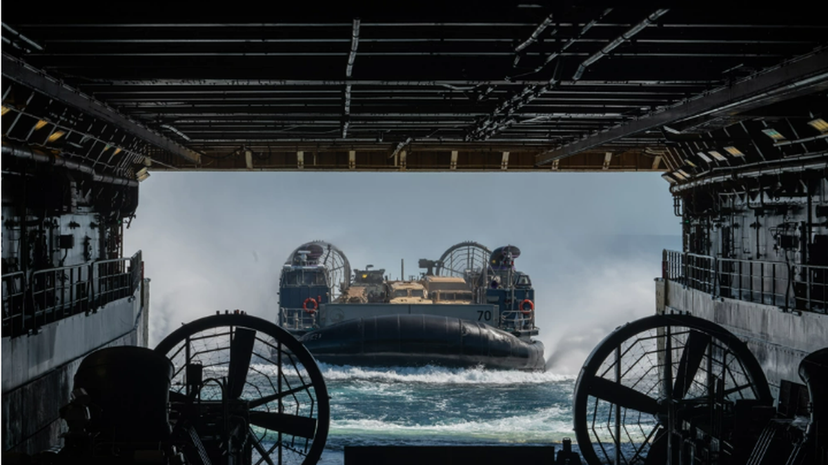 This shows an air cushion landing craft approaching the well deck of the USS New York, which was among the vessels participating when the training May 1 off North Florida, officials say.