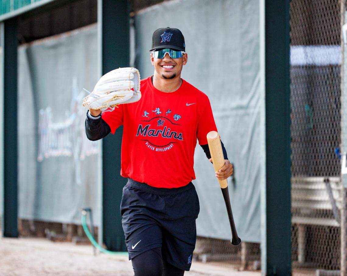Miami Marlins outfielder Victor Mesa Jr. looks on during their spring training workout at Roger Dean Stadium on Tuesday, March 15, 2022 in Jupiter, FL.