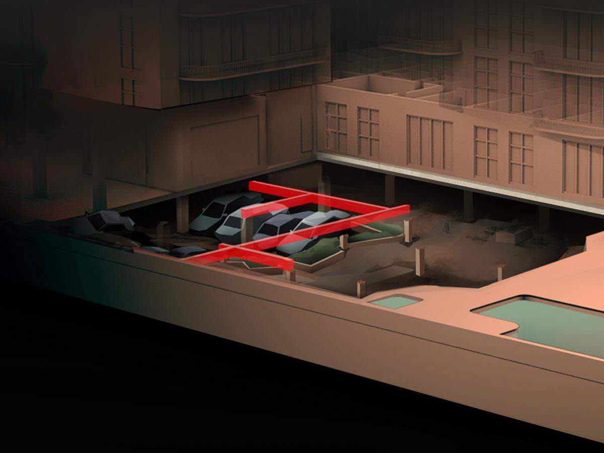 Despite being called for in the original design, beams (in red) were not built under the heavy planters on the western side of Champlain South’s pool deck, which collapsed seven minutes before the rest of the tower fell on June 24, 2021.