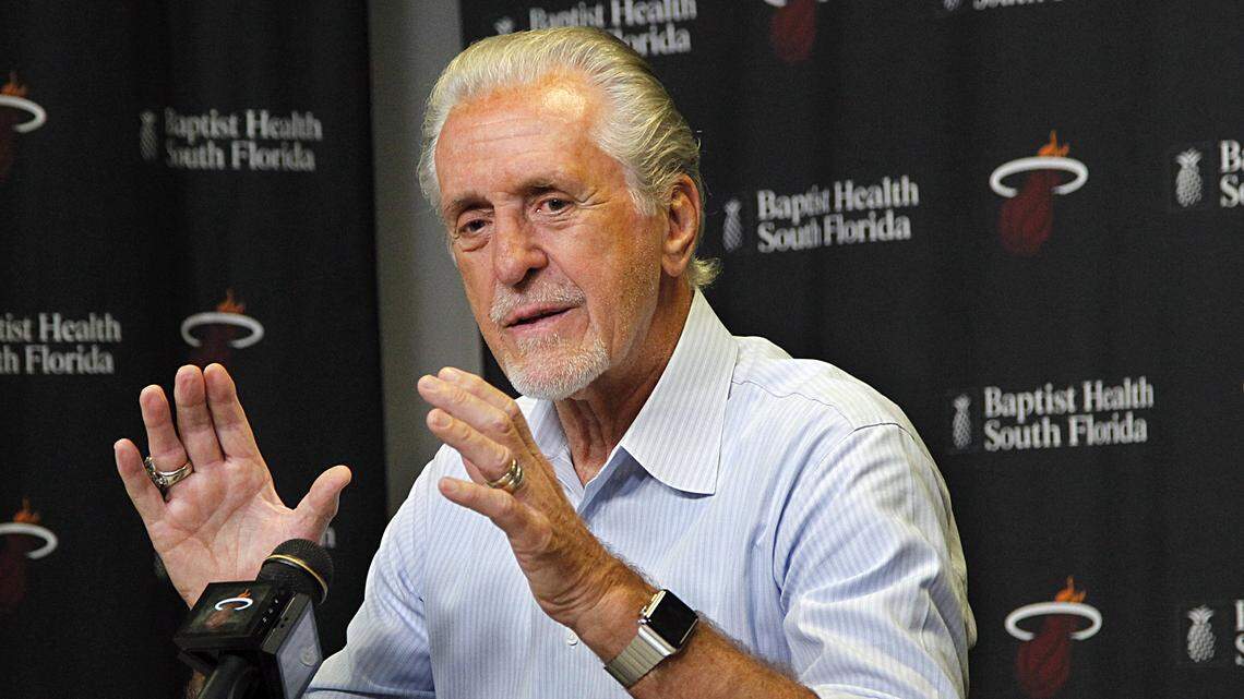Miami Heat president Pat Riley talks to the media focusing on the upcoming season during a press conference at Miami at AmericanAirlines Arena in Miami on Friday, September 22 2017.