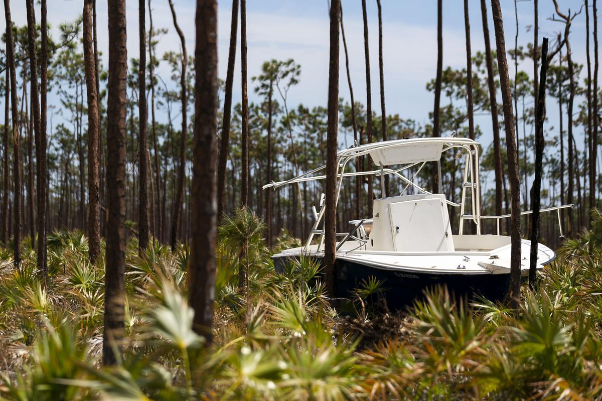 A boat can be seen sitting in a wooded in Freeport, Bahamas on Friday, September 6, 2019. Thousands of Bahamians are heading to Freeport Harbor trying to escape Hurricane Dorian’s devastation.