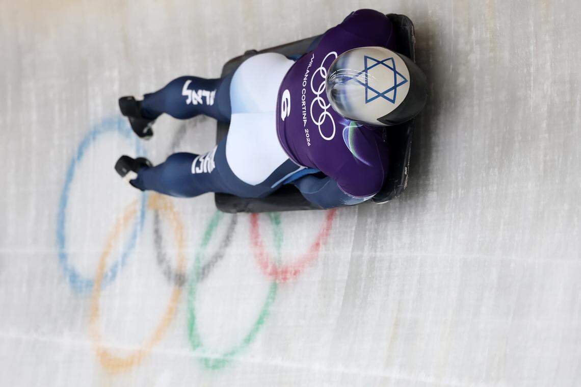 CORTINA D'AMPEZZO, ITALY - FEBRUARY 09: Jared Firestone of Team Israel participates during Skeleton Men's Singles training on day three of the Milano Cortina 2026 Winter Olympic games at Cortina Sliding Centre on February 09, 2026 in Cortina d'Ampezzo, Italy. (Photo by Al Bello/Getty Images)
