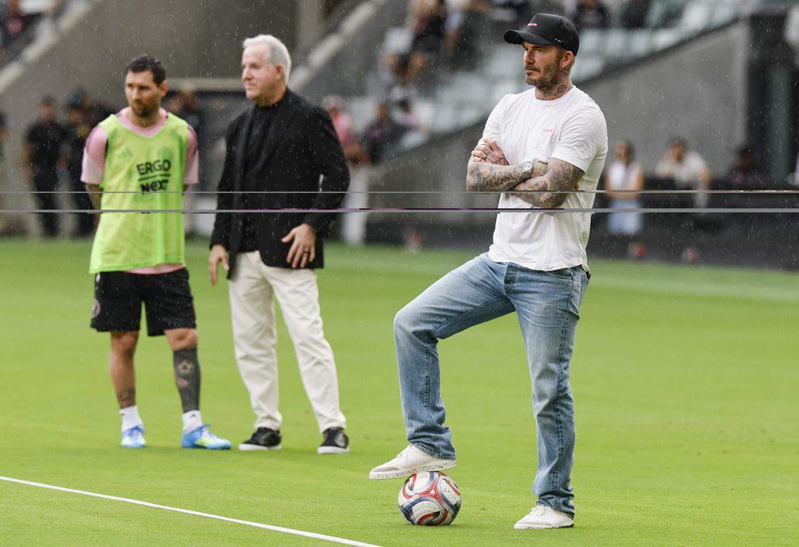 Inter Miami CF co-owner David Beckham watches practice at Nu Stadium. At left is Lionel Messi (10) and Managing Owner and CEO Jorge Mas at the 26,700-seat home for Inter Miami CF on Thursday, April 2, 2026. Nu Stadium is scheduled to open Saturday, April 4, 2026.
